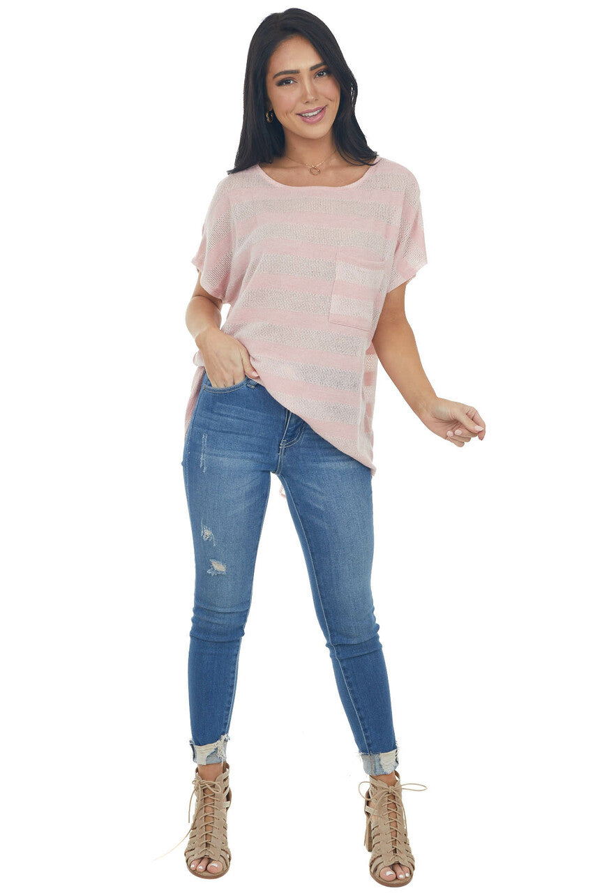 Pale Pink Striped Loose Knit Top with Front Chest Pocket