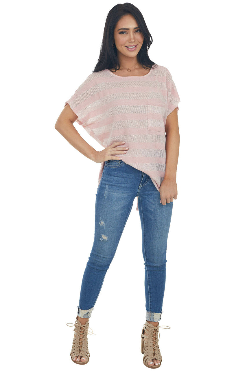 Pale Pink Striped Loose Knit Top with Front Chest Pocket