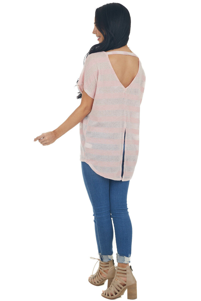 Pale Pink Striped Loose Knit Top with Front Chest Pocket
