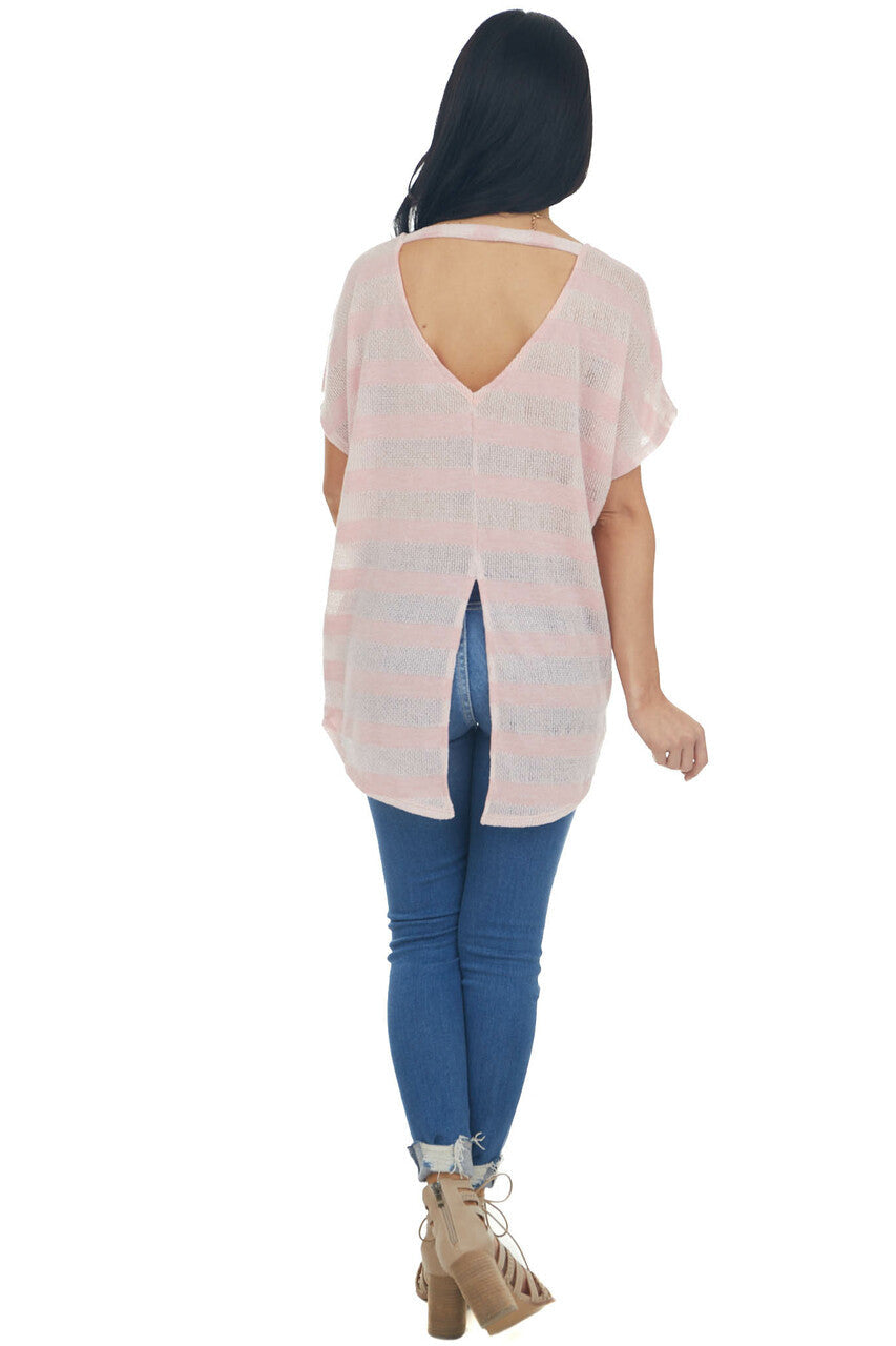 Pale Pink Striped Loose Knit Top with Front Chest Pocket