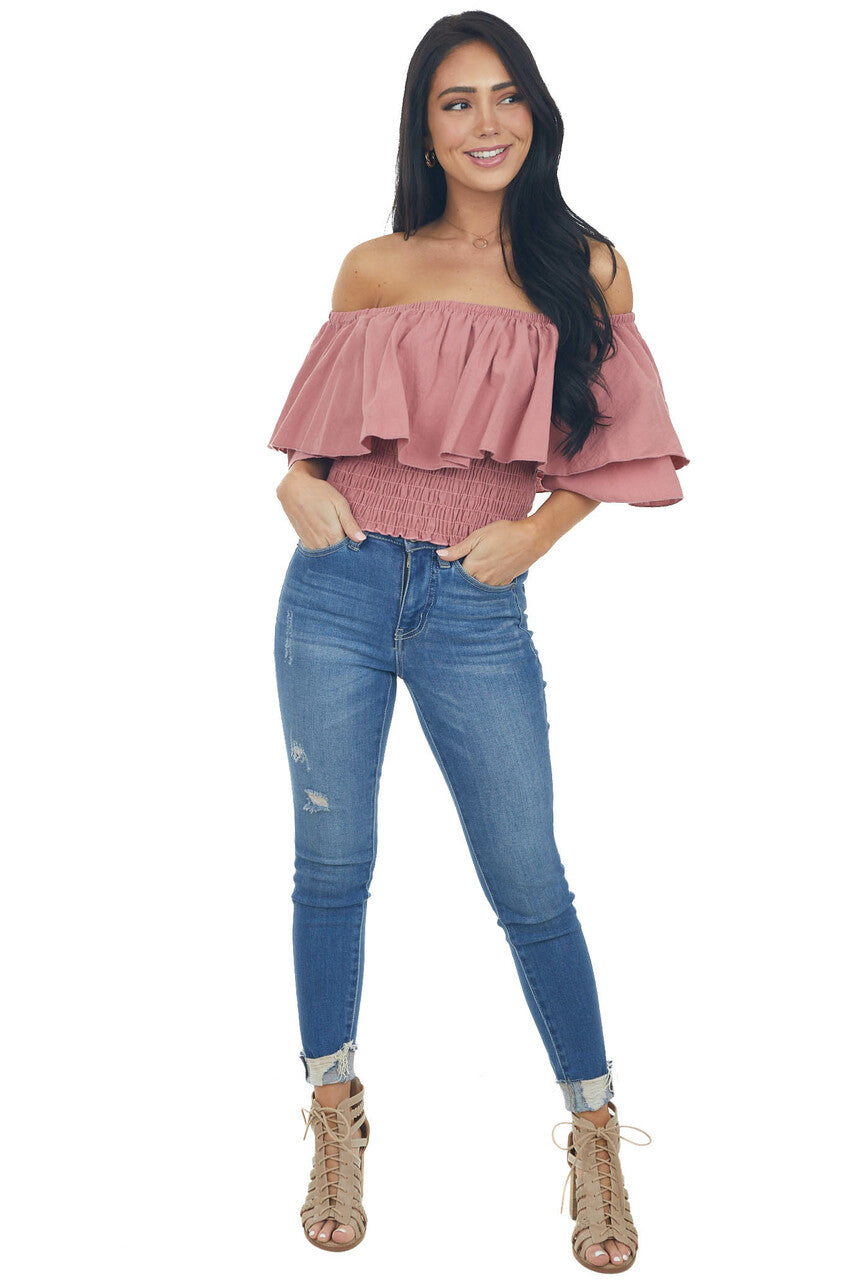 Thulian Pink Off Shoulder Overlay Smocked Top
