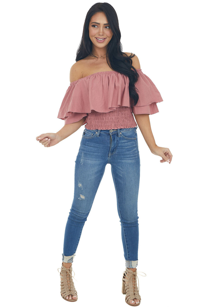 Thulian Pink Off Shoulder Overlay Smocked Top