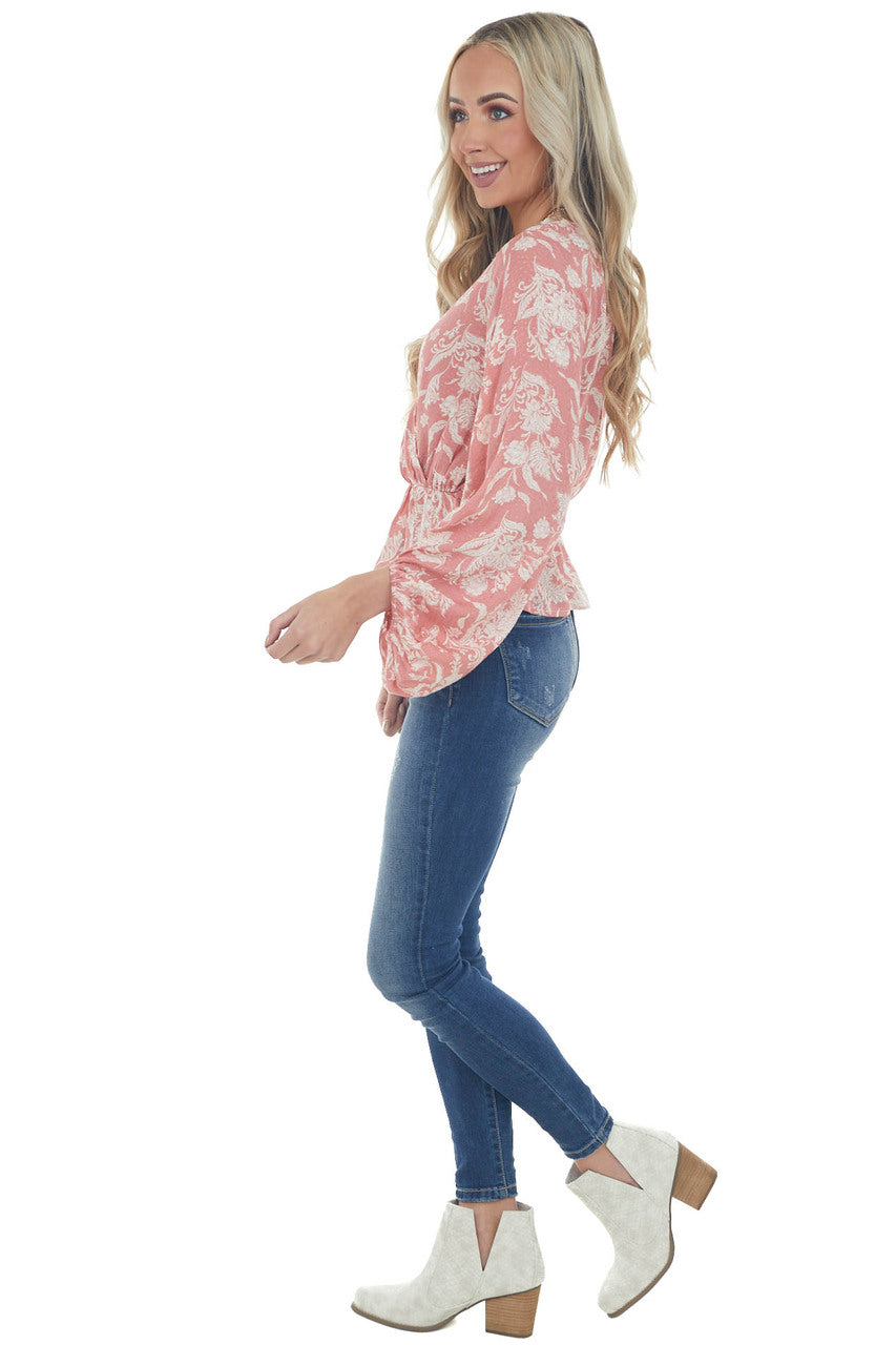 Watermelon Floral Print Surplice Peplum Blouse