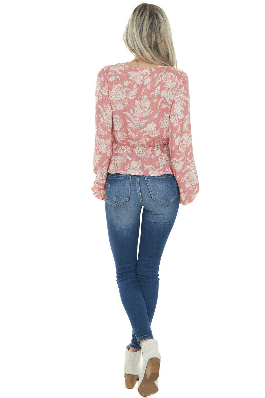 Watermelon Floral Print Surplice Peplum Blouse
