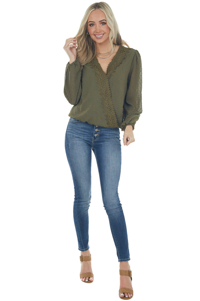 Olive Swiss Dot Bubble Sleeve Woven Lace Top