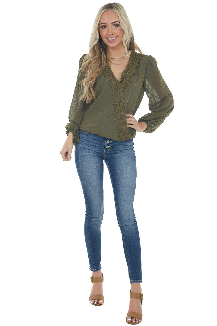 Olive Swiss Dot Bubble Sleeve Woven Lace Top
