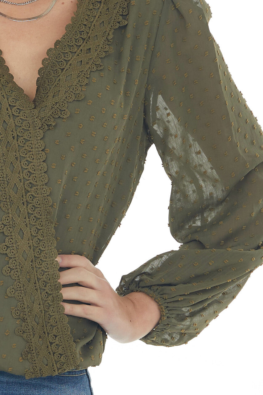 Olive Swiss Dot Bubble Sleeve Woven Lace Top