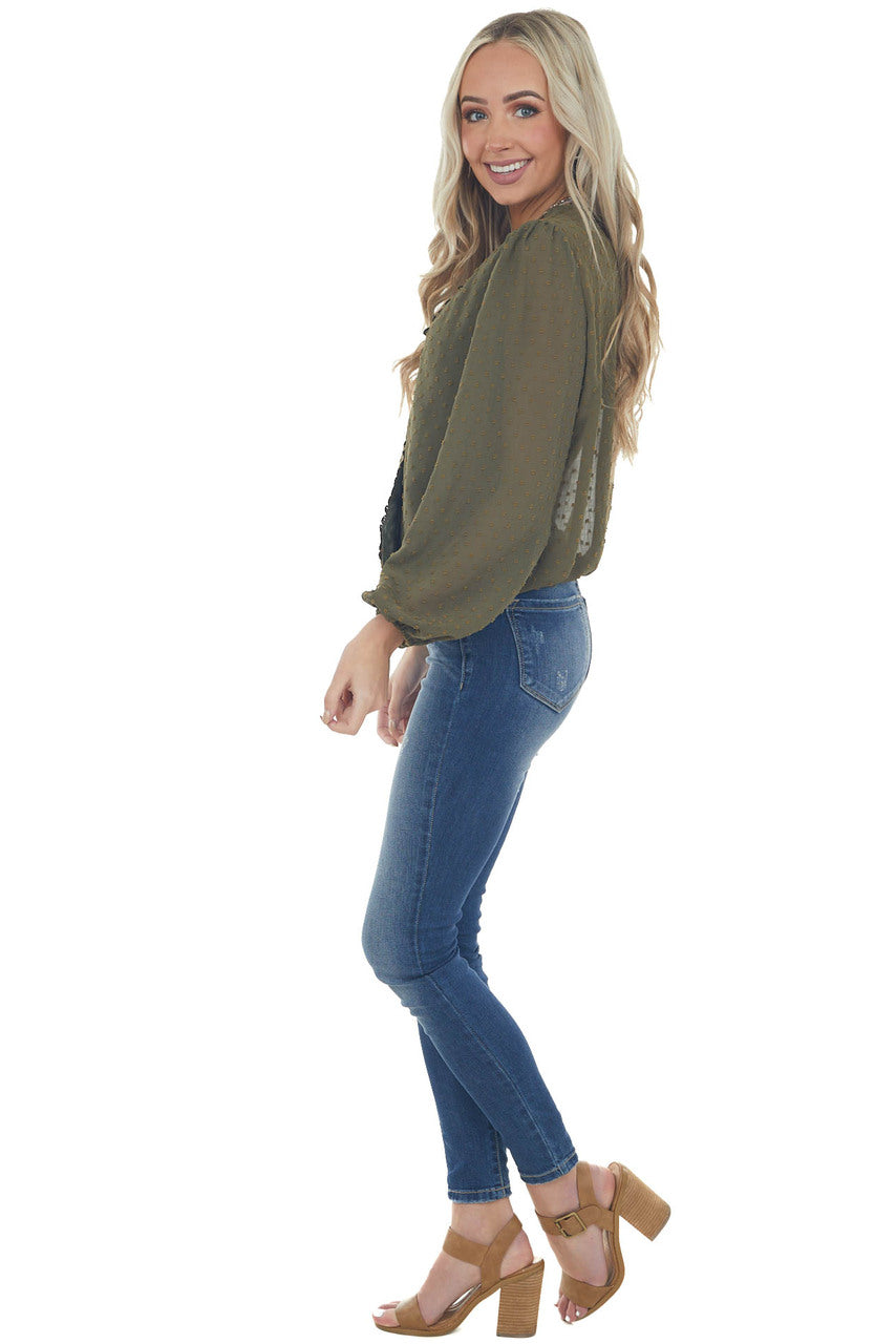 Olive Swiss Dot Bubble Sleeve Woven Lace Top