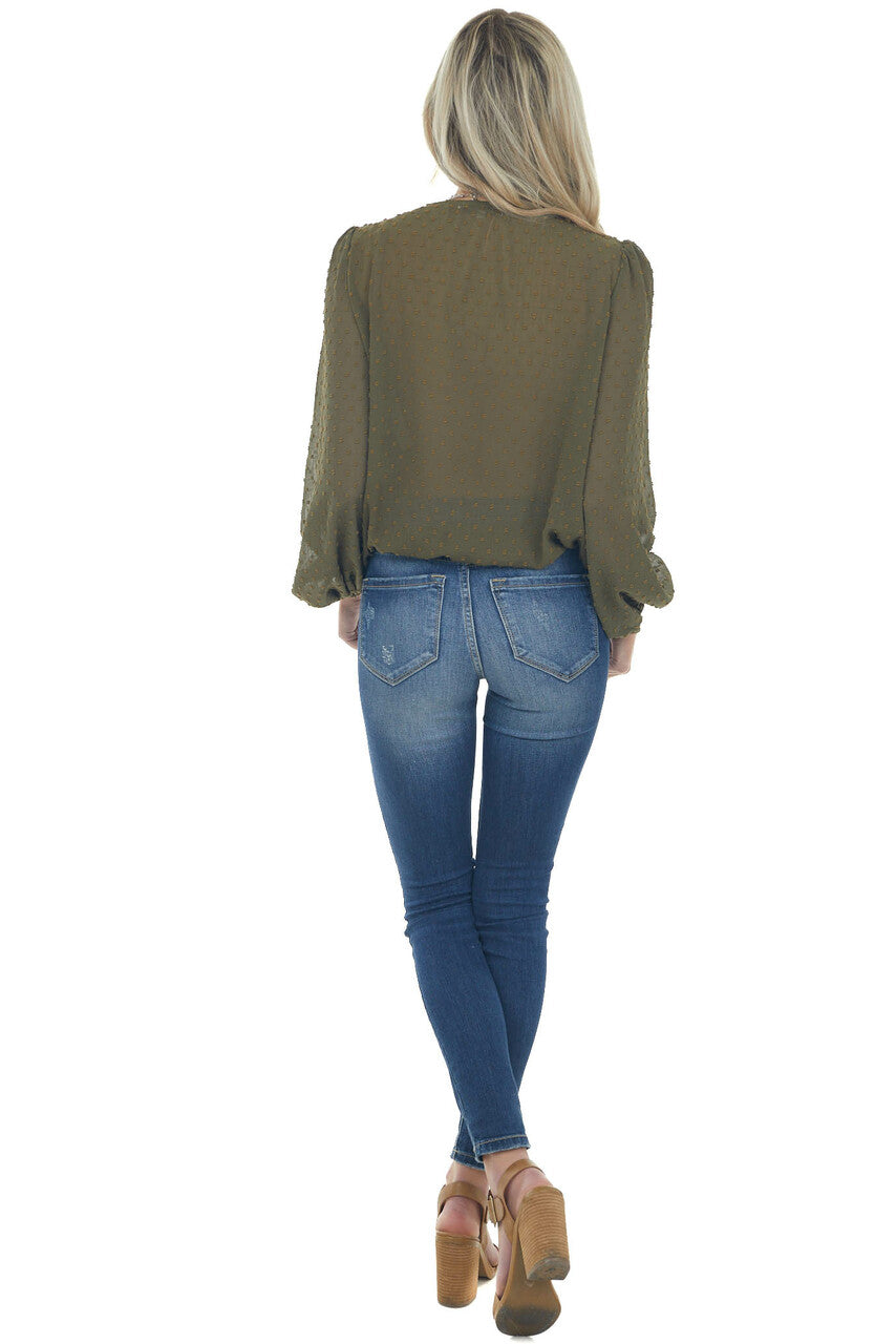 Olive Swiss Dot Bubble Sleeve Woven Lace Top