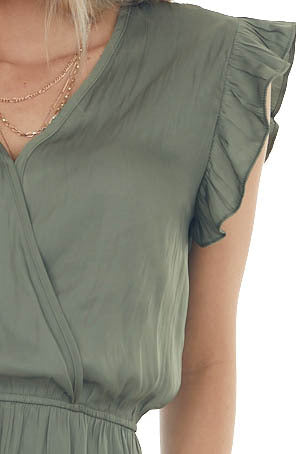 Olive Surplice Ruffle Sleeve Silky Romper