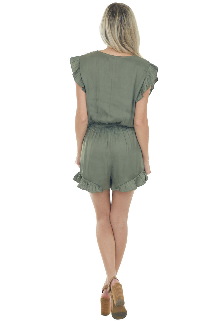 Olive Surplice Ruffle Sleeve Silky Romper