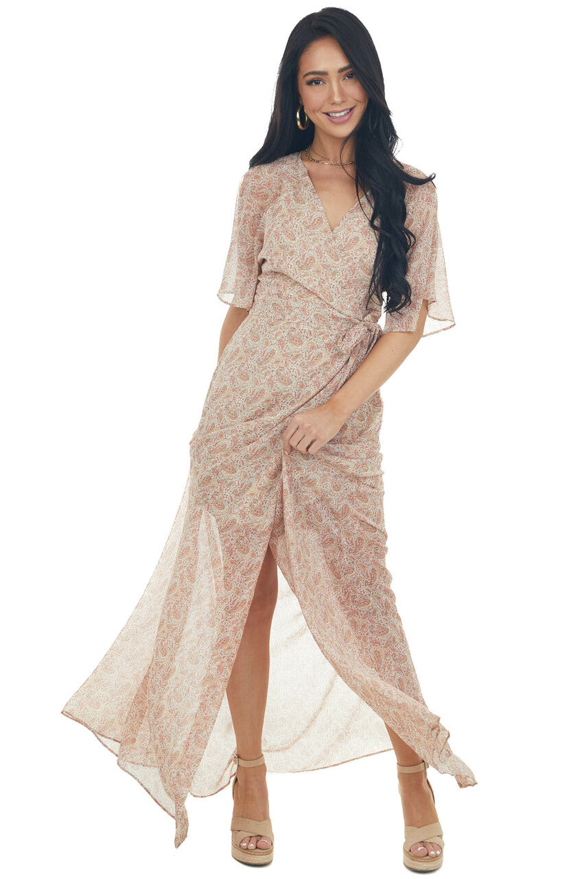 Rust Paisley Print Wrap Waist Tie Maxi Dress