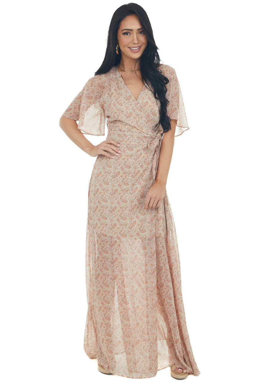 Rust Paisley Print Wrap Waist Tie Maxi Dress