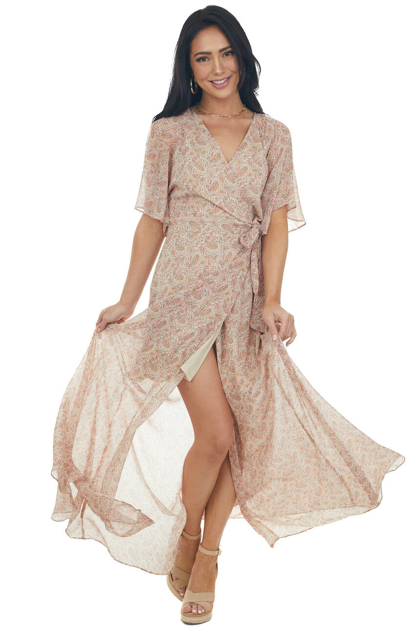 Rust Paisley Print Wrap Waist Tie Maxi Dress