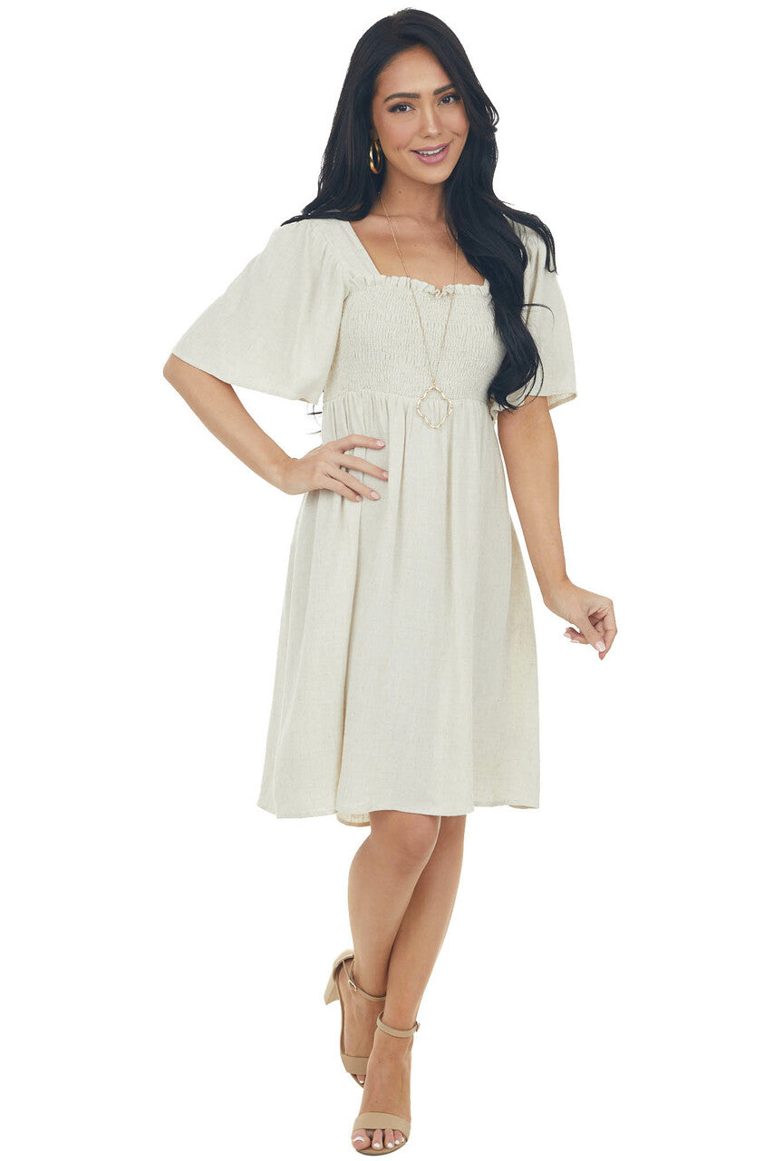 Oatmeal Smocked Flutter Sleeve Linen Dress