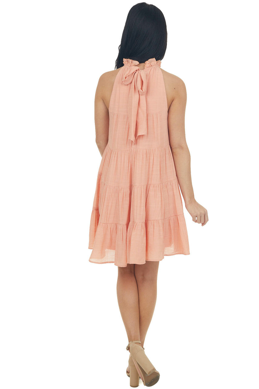 Rich Peach Halter Neck Tiered Short Dress