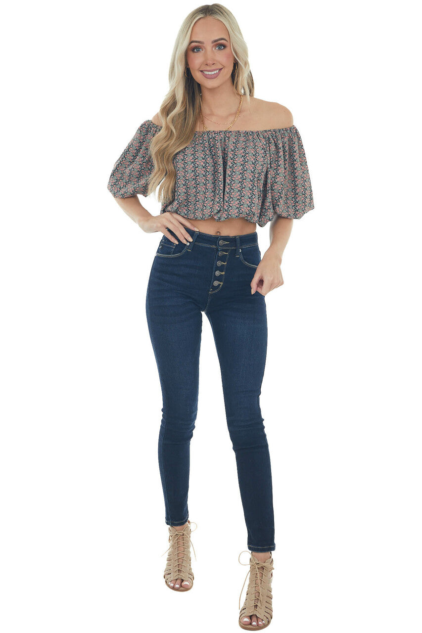 Black Ditsy Floral Print Boat Neck Crop Top