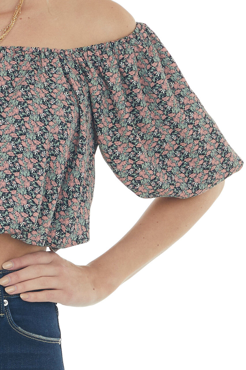 Black Ditsy Floral Print Boat Neck Crop Top