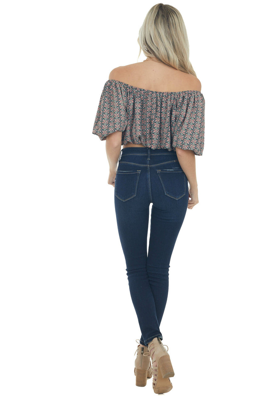 Black Ditsy Floral Print Boat Neck Crop Top