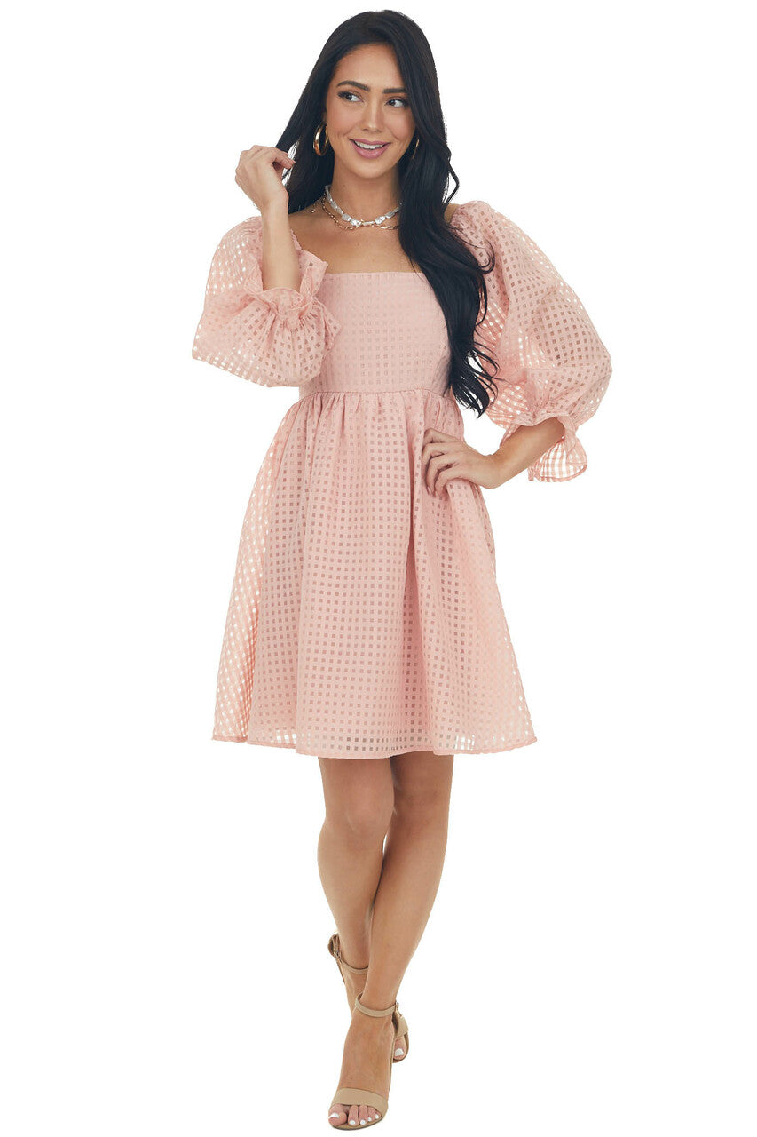 Peach Sheer Checkered Pattern Short Dress 