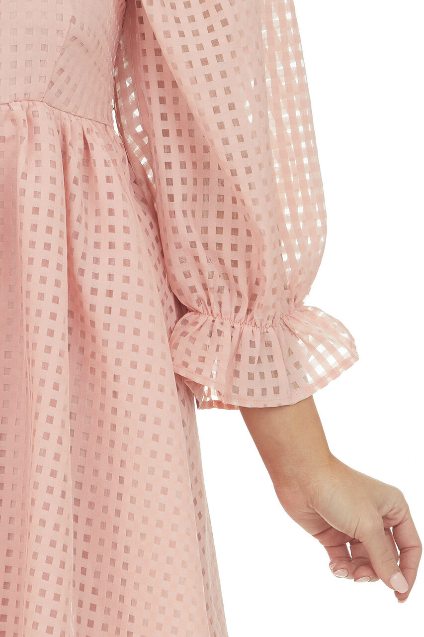 Peach Sheer Checkered Pattern Short Dress 