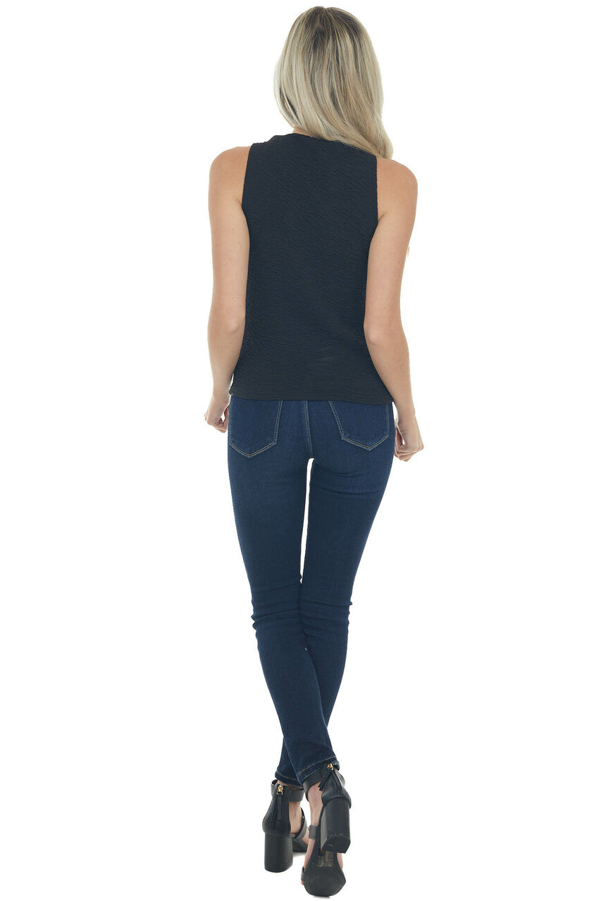 Black High Neck Textured Knit Tank Top