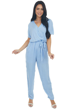 Powder Surplice Woven Short Sleeve Jumpsuit
