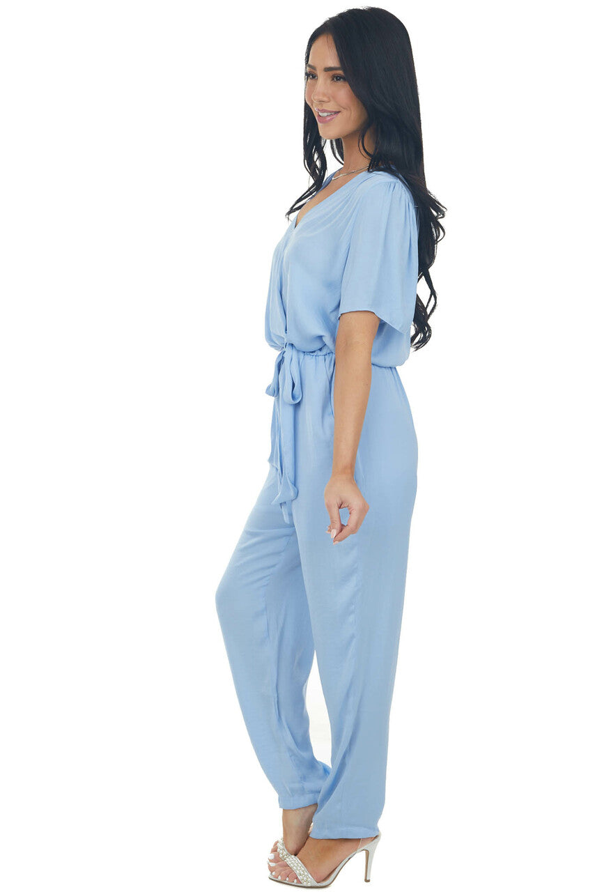 Powder Surplice Woven Short Sleeve Jumpsuit