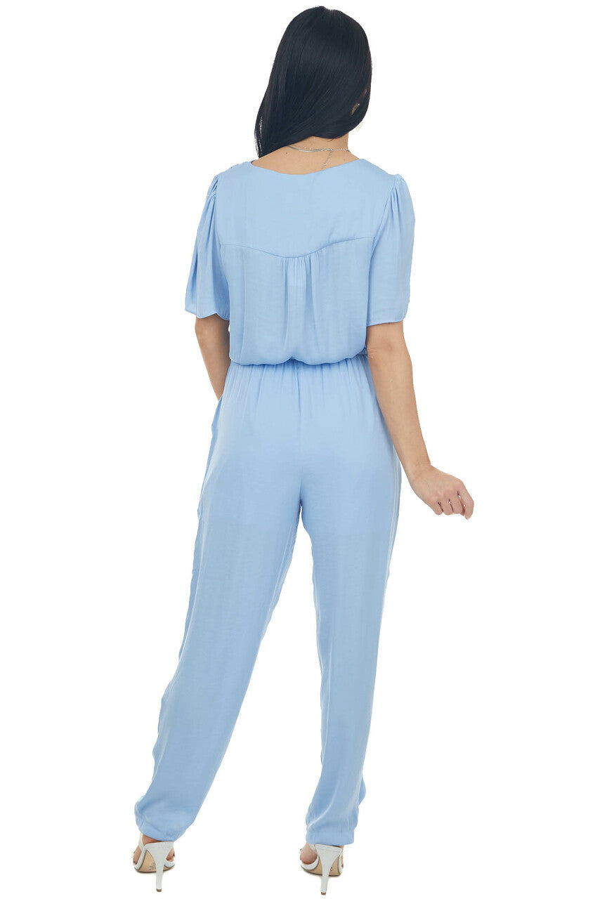 Powder Surplice Woven Short Sleeve Jumpsuit