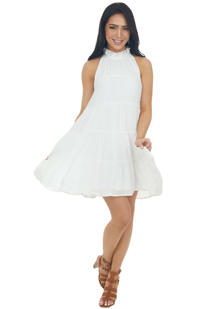 Off White Halter Neck Tiered Short Dress