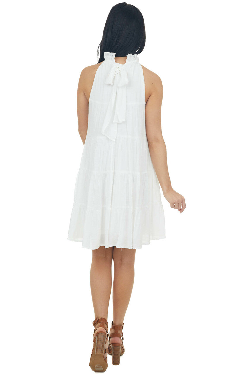 Off White Halter Neck Tiered Short Dress