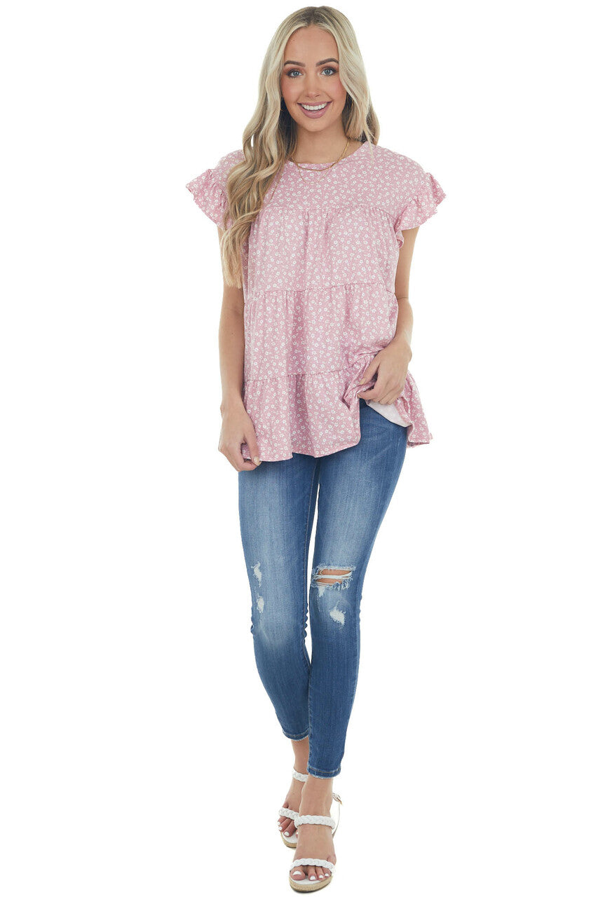 Baby Pink Ditsy Floral Print Short Sleeve Top