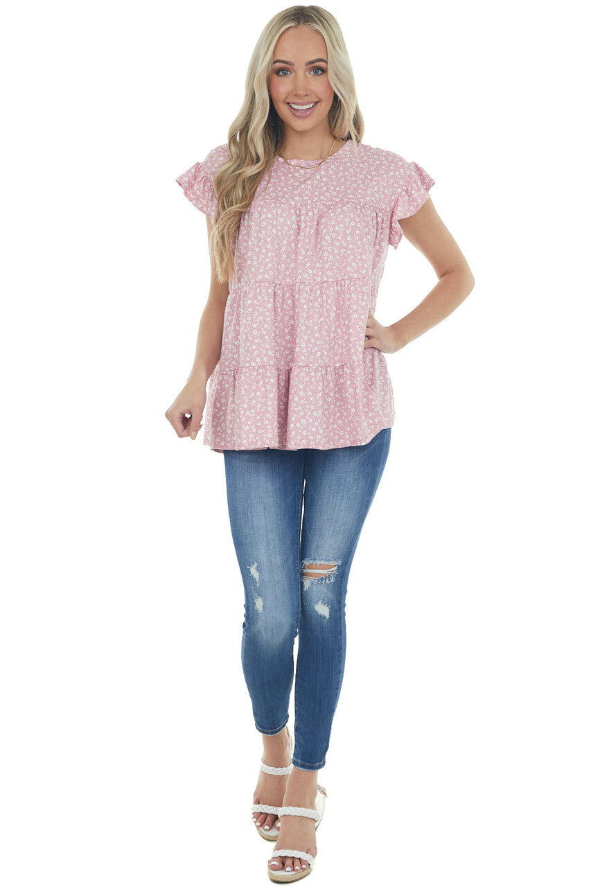 Baby Pink Ditsy Floral Print Short Sleeve Top
