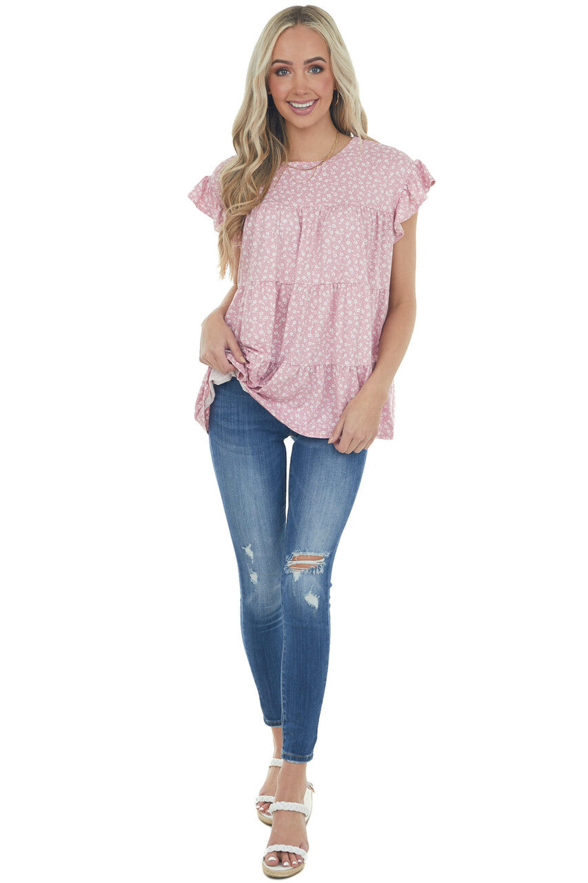 Baby Pink Ditsy Floral Print Short Sleeve Top