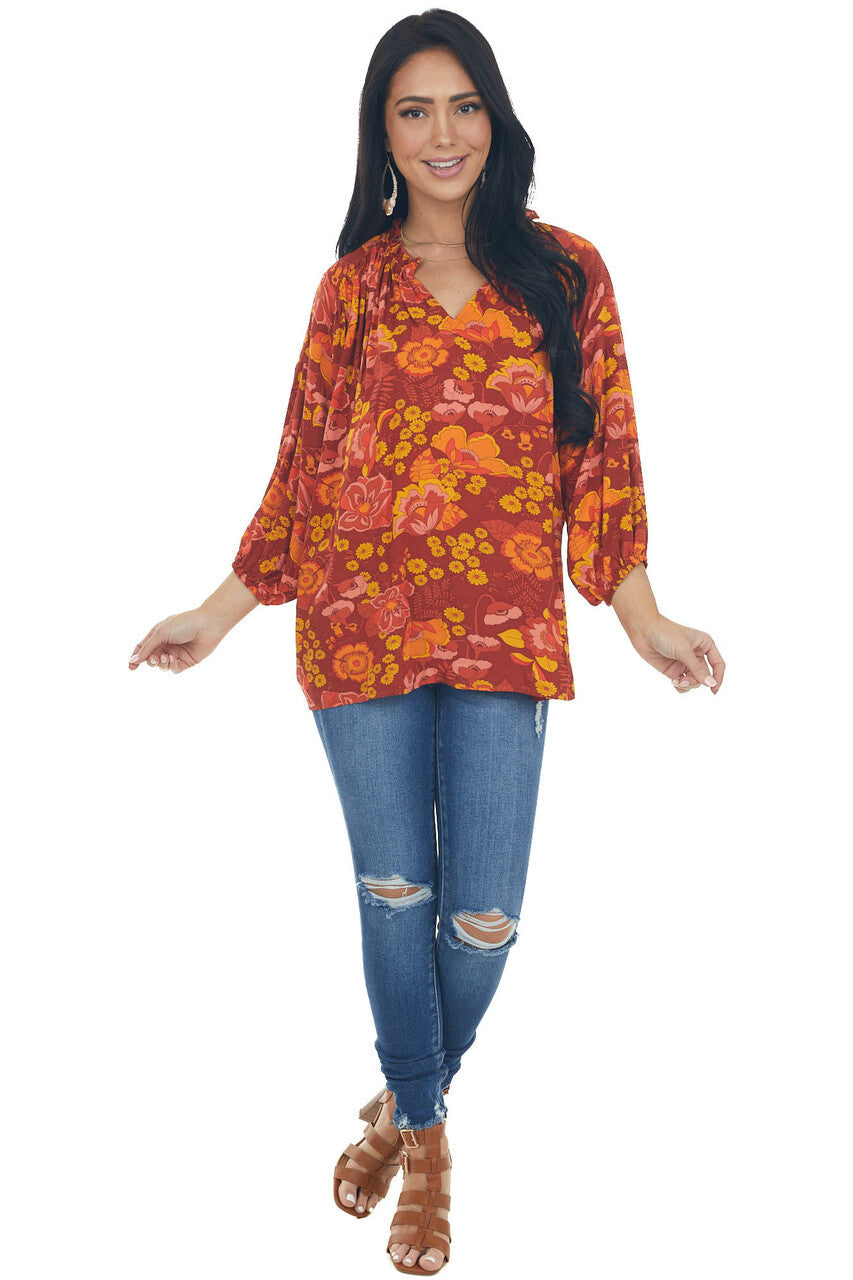 Cinnamon Floral Print Peasant Style Blouse