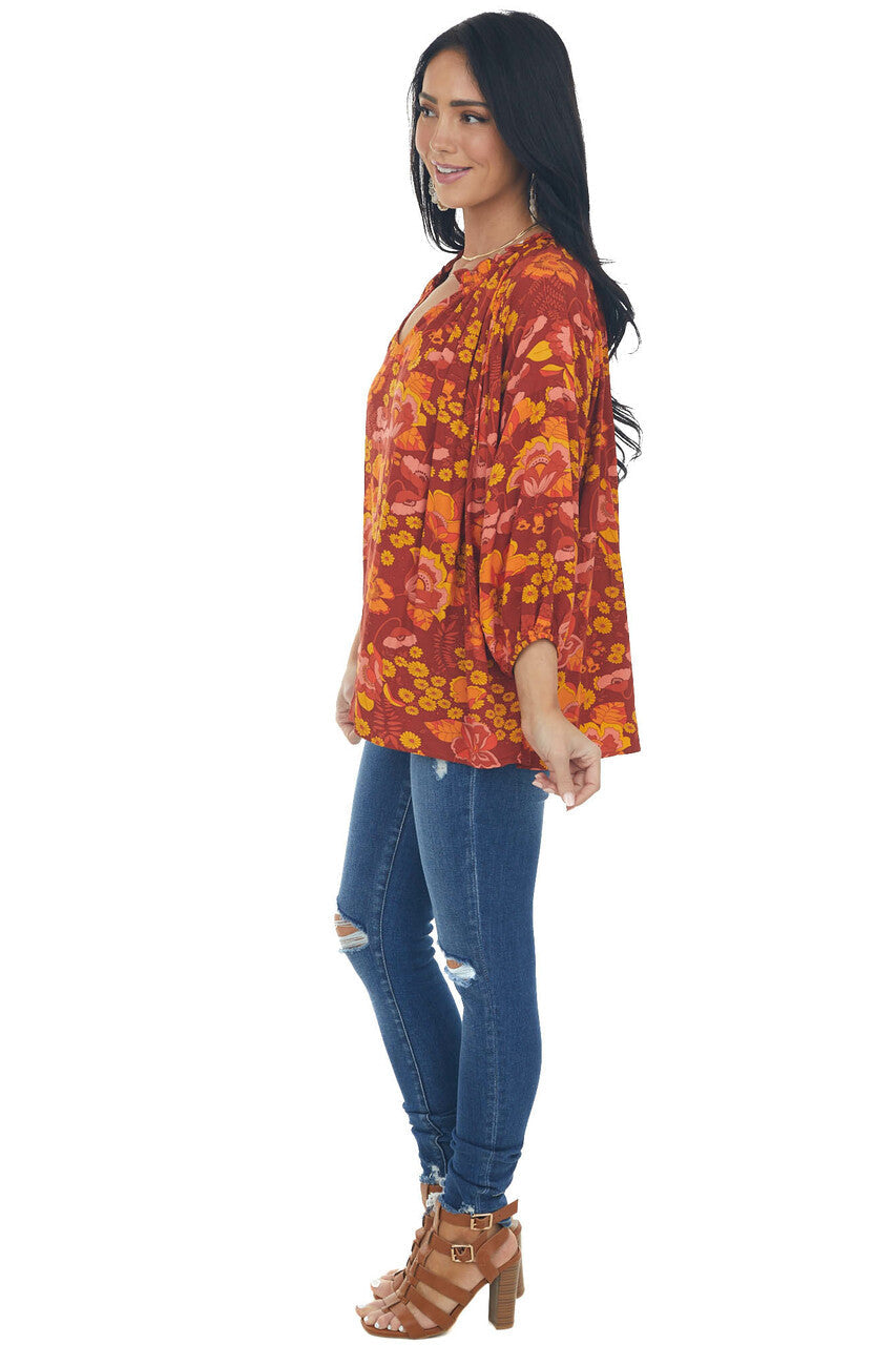 Cinnamon Floral Print Peasant Style Blouse