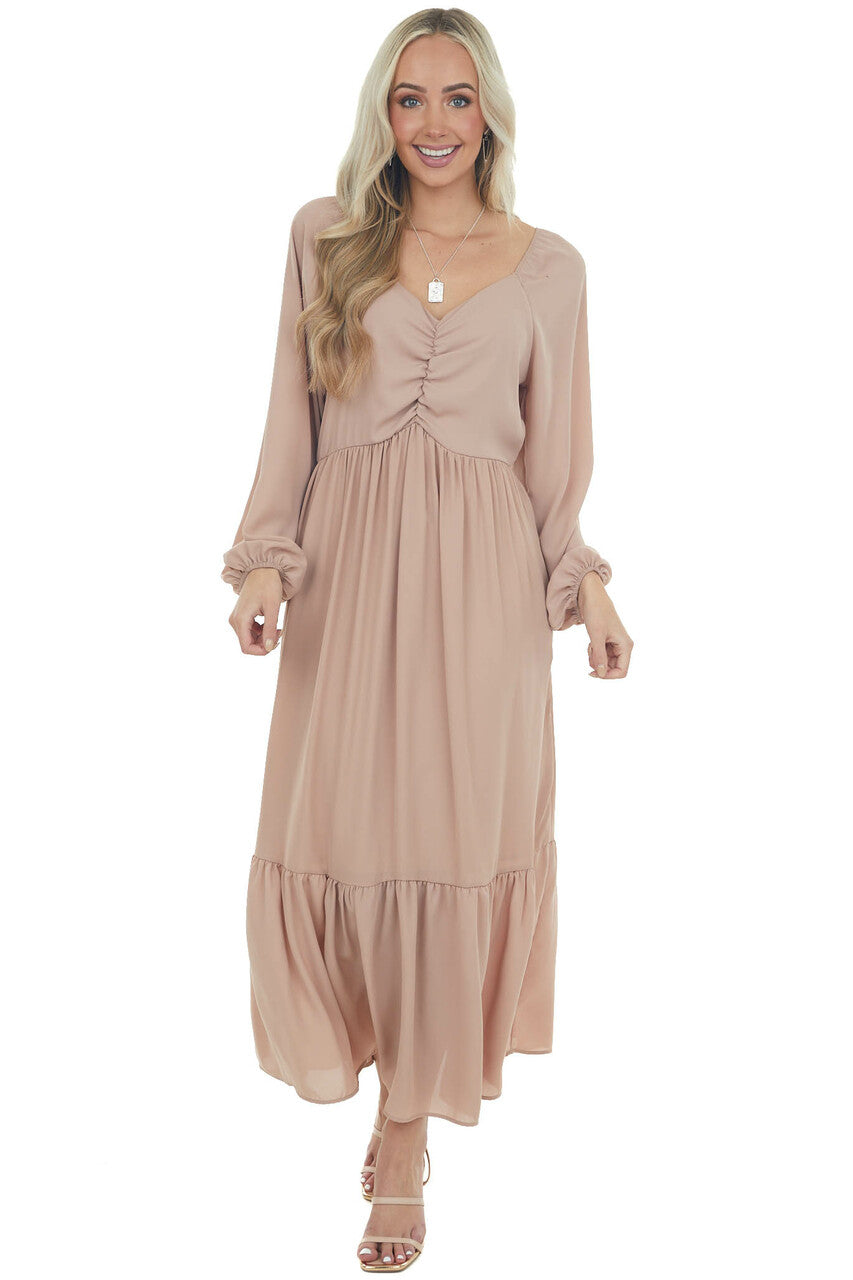 Light Rose Taupe Ruched Long Sleeve Maxi Dress