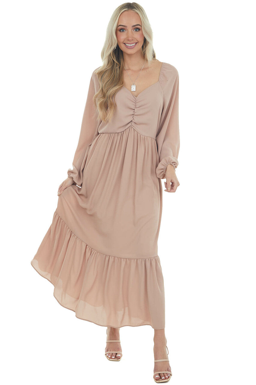Light Rose Taupe Ruched Long Sleeve Maxi Dress