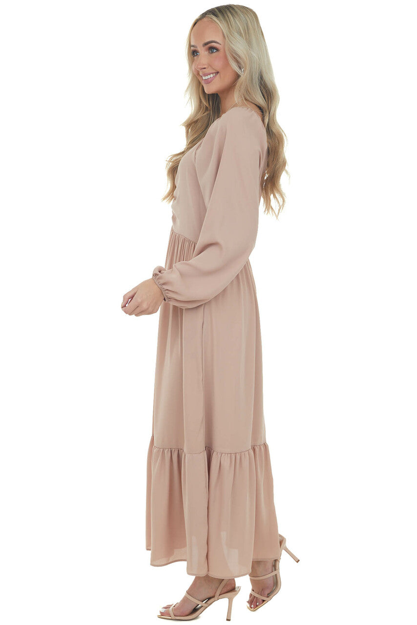 Light Rose Taupe Ruched Long Sleeve Maxi Dress