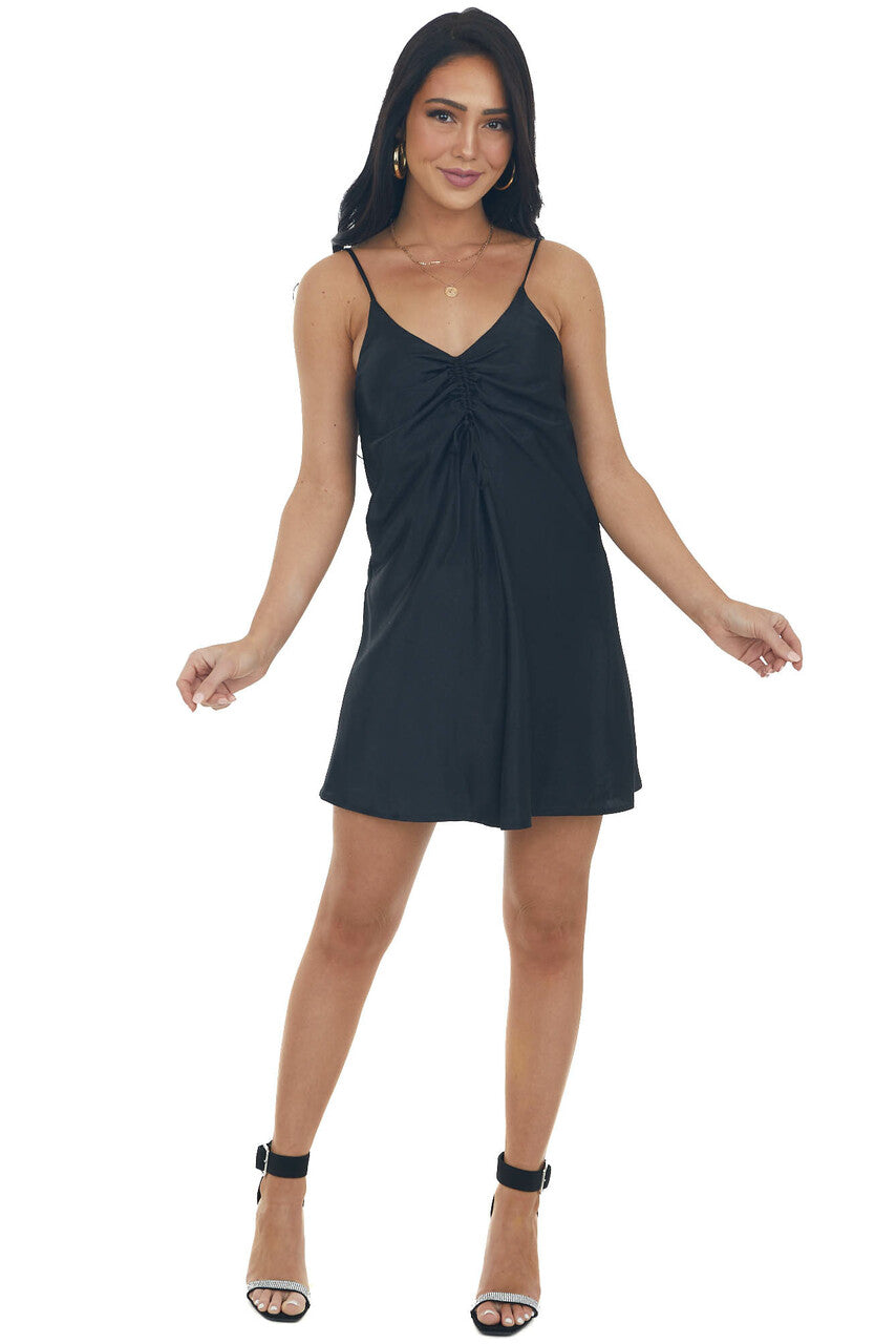 Black V Neck Spaghetti Strap Short Slip Dress
