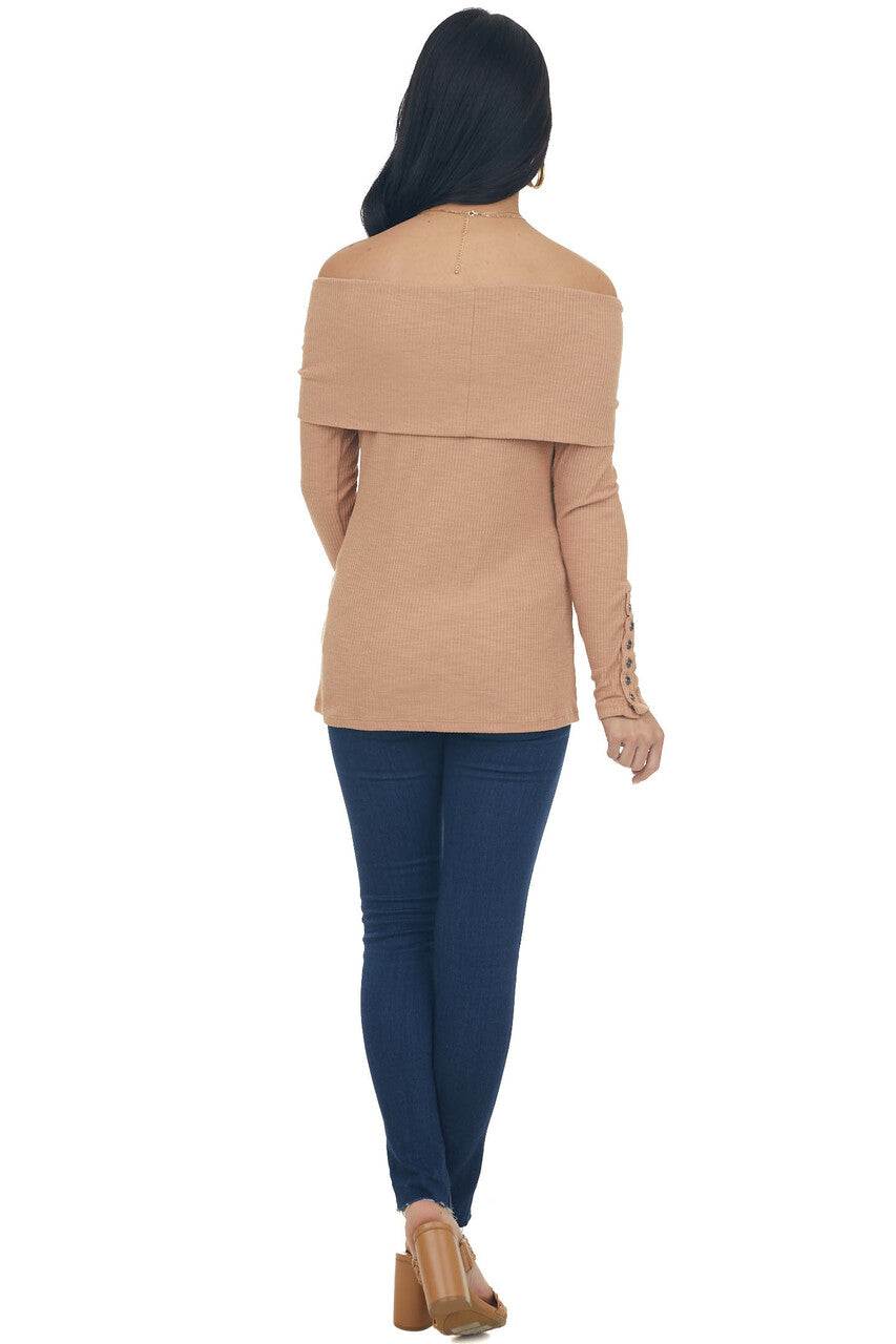 Dark Apricot Ribbed Knit Folded Off the Shoulder Top