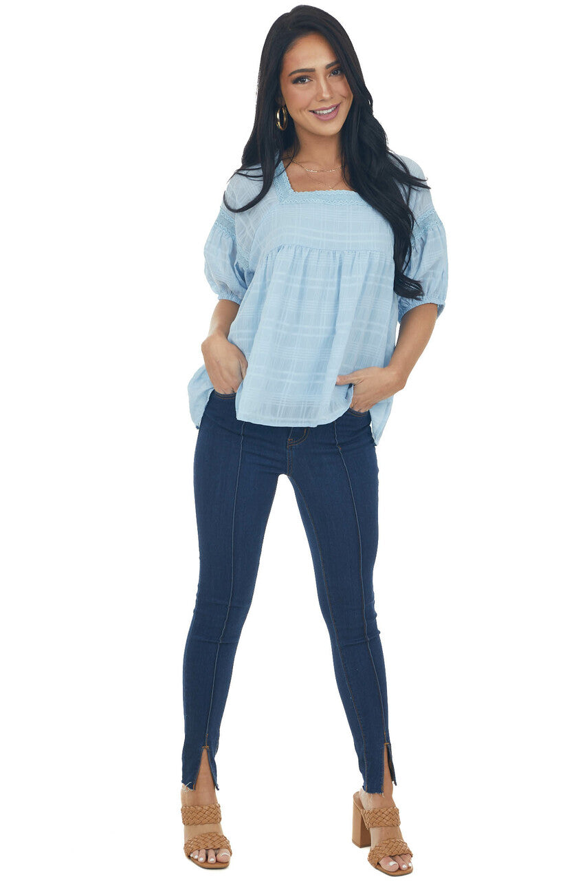 Powder Blue Babydoll Puff Sleeve Blouse with Square Neck
