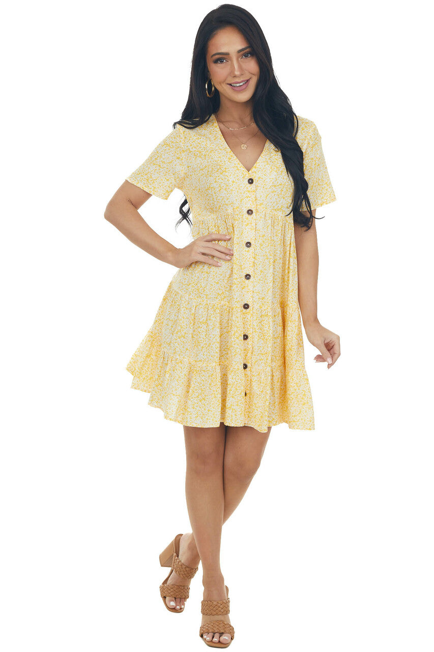 Amber Ditsy Floral Button Down Babydoll Short Sleeve Dress