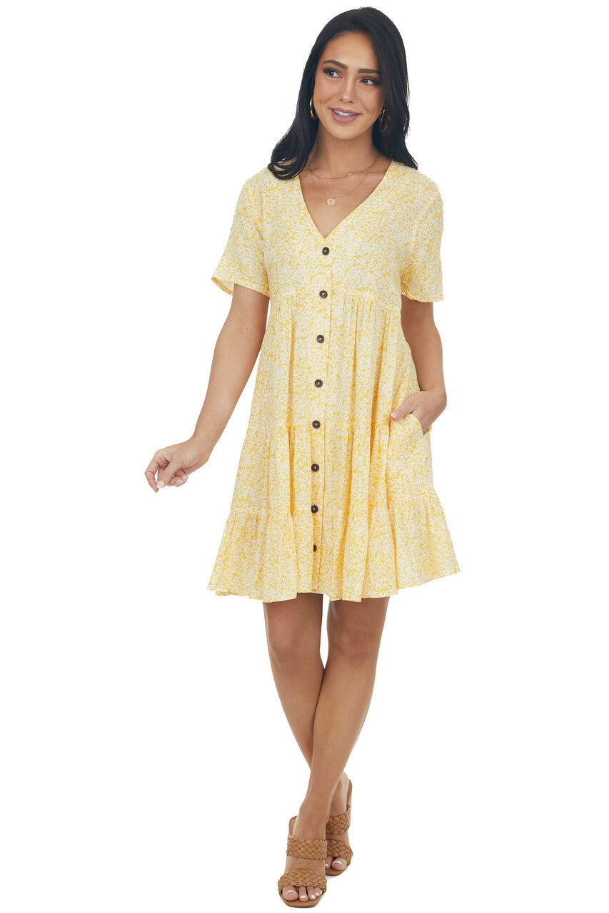 Amber Ditsy Floral Button Down Babydoll Short Sleeve Dress