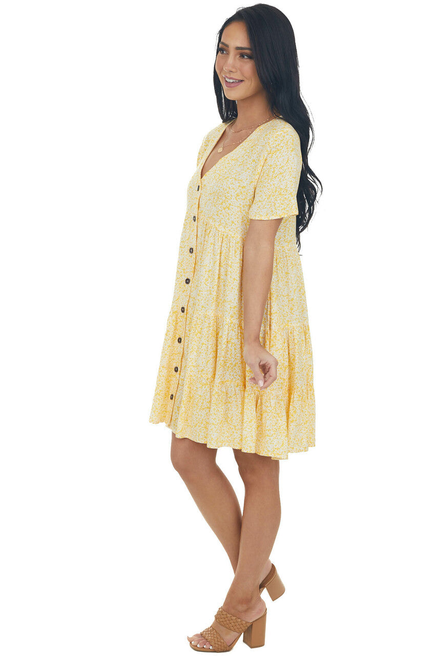 Amber Ditsy Floral Button Down Babydoll Short Sleeve Dress