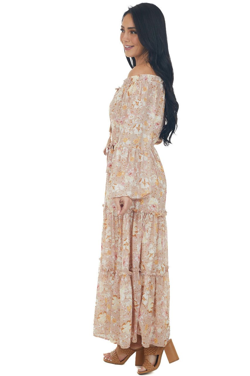 Nude Floral Print Gold Speck Tiered Maxi Dress