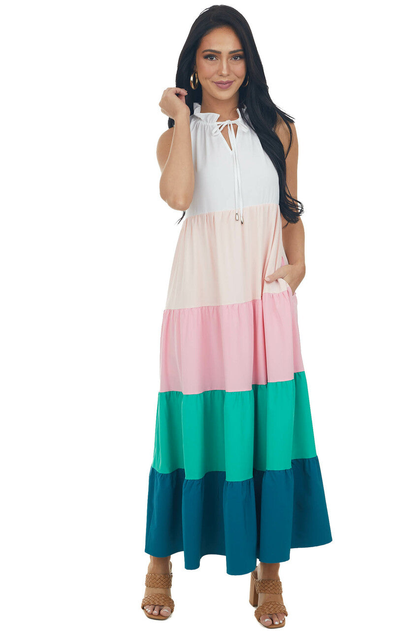 Ivory Colorblock Sleeveless Woven Maxi Dress