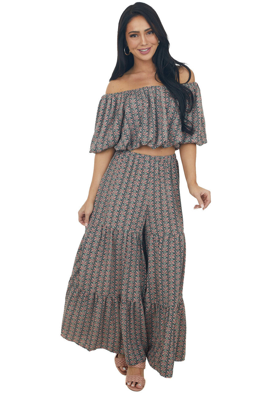 Black Ditsy Floral Tiered Woven Wide Leg Pants