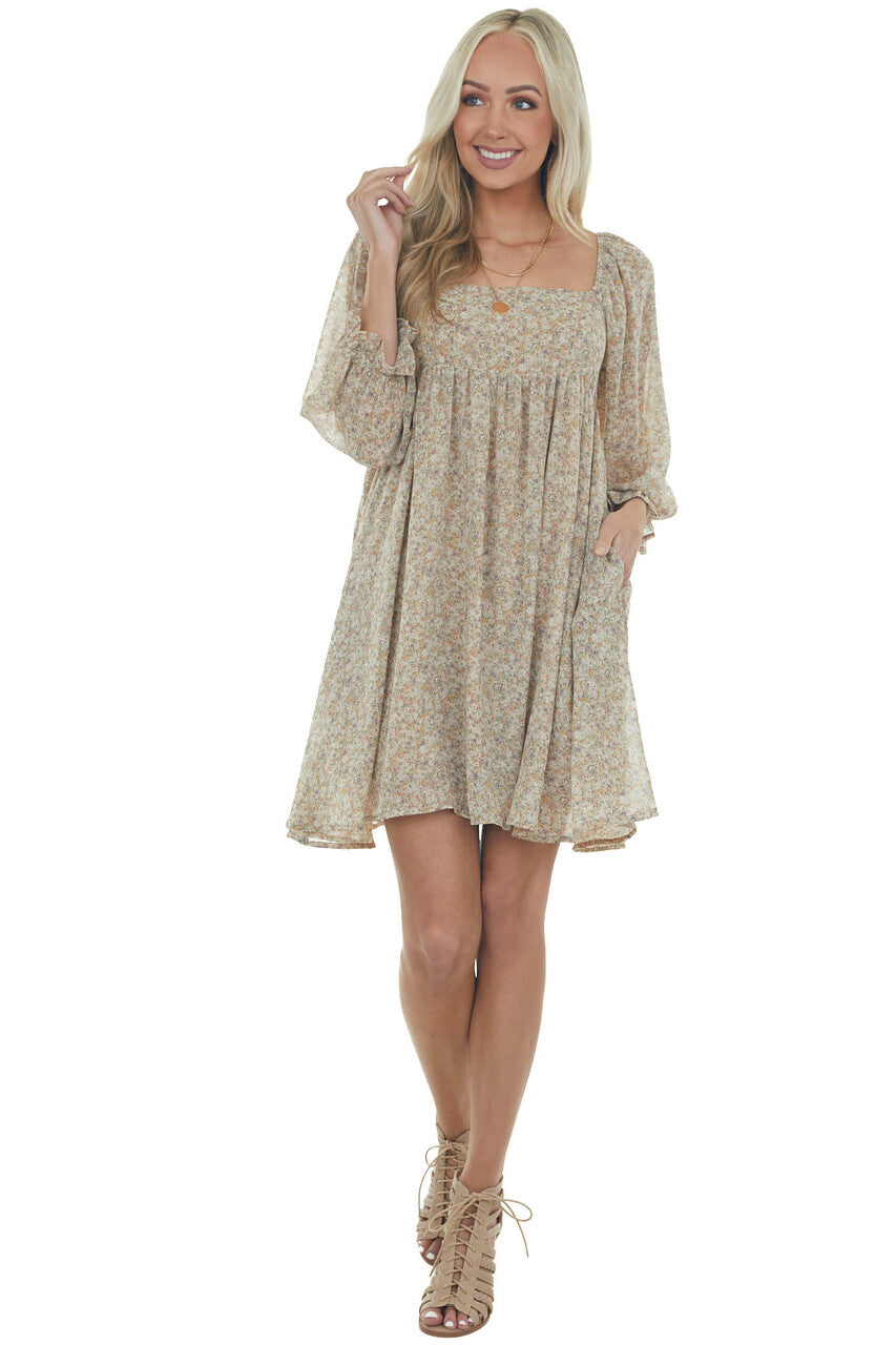 Khaki Ditsy Floral Square Neck Short Dress