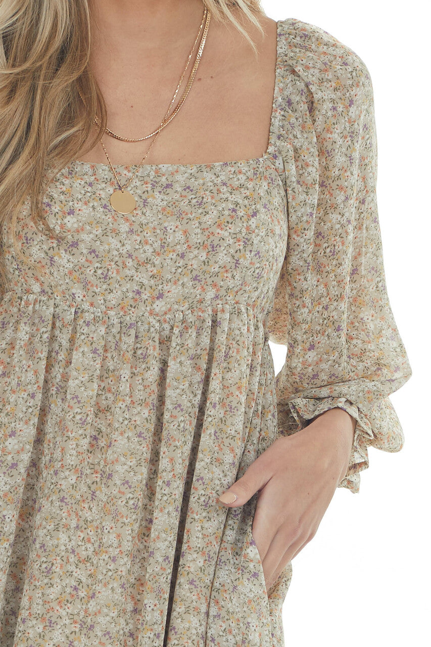 Khaki Ditsy Floral Square Neck Short Dress